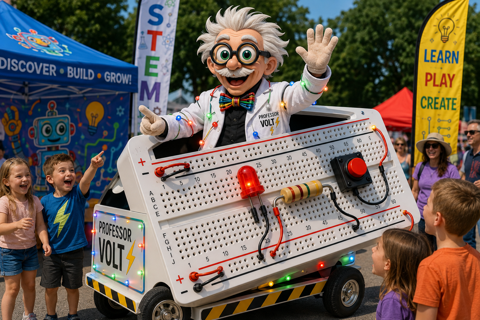 Professor Volt riding the giant breadboard, greeting kids at a fair
